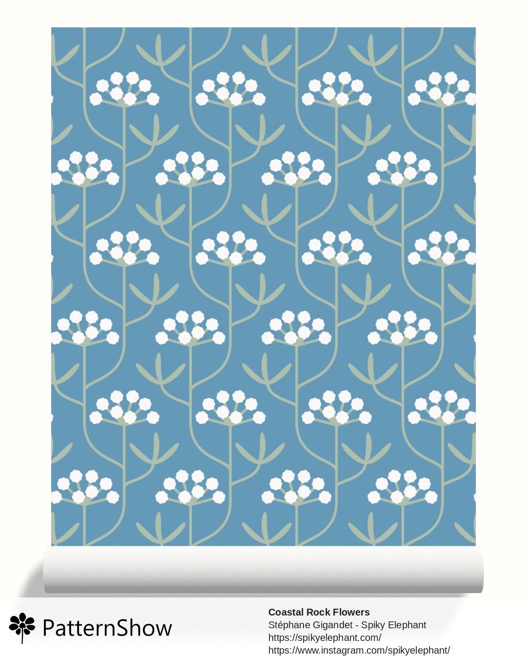 Coastal Rock Flowers wallpaper - Oceanic Cerulean Blue Sea White Sage Green Pastel
