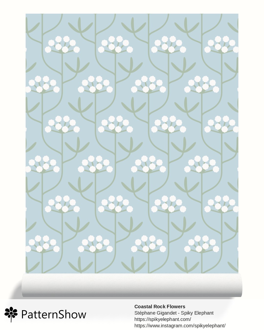 Coastal Rock Flowers wallpaper - Light Dusty Blue Grey Muted Sage Green White