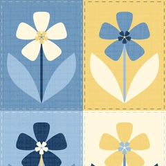 Retro Patchwork Flowers Quilt Squares Floral - Light Blue Butter Yellow