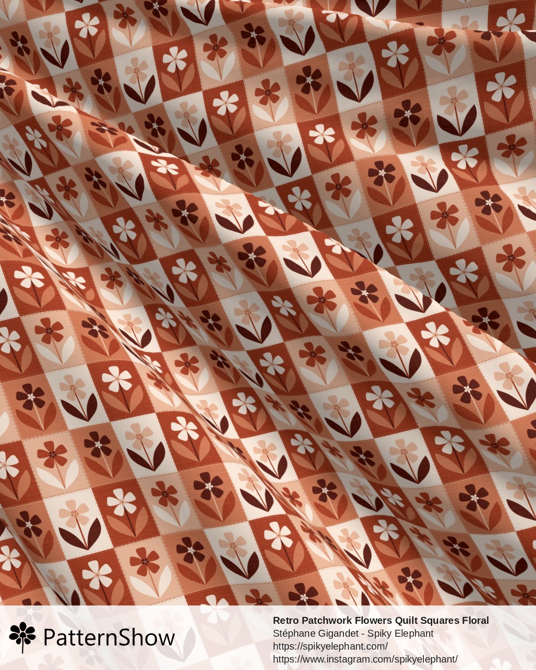 Retro Patchwork Flowers Quilt Squares Floral - Terracotta Blush Pink Rust Orange
