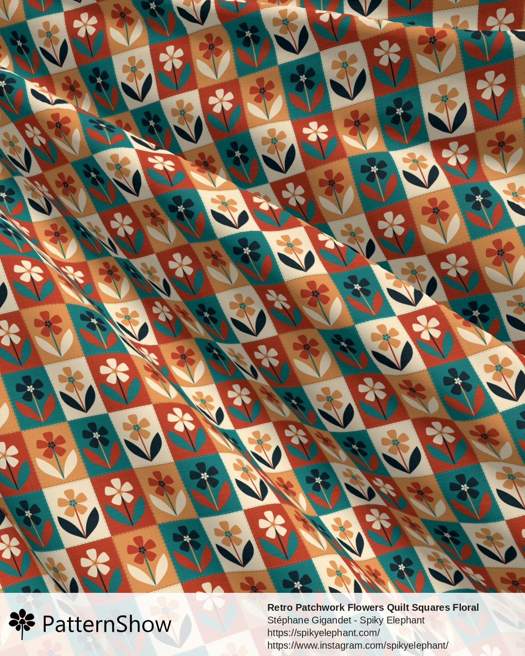 Retro Patchwork Flowers Quilt Squares Floral - Teal Turquoise Rust Orange