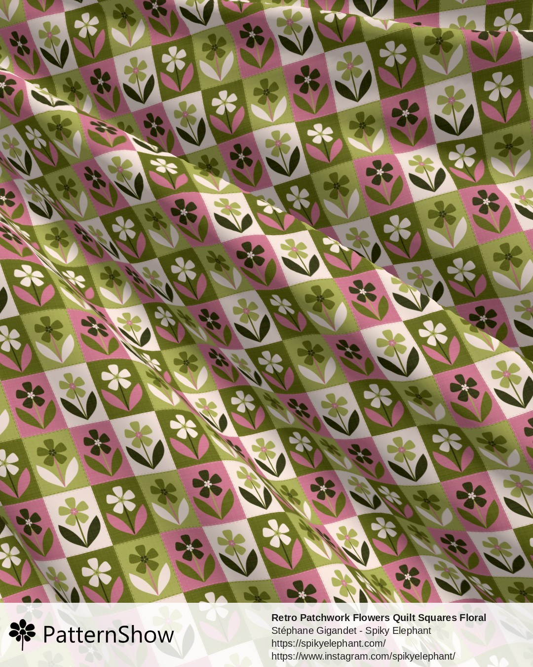 Retro Patchwork Flowers Quilt Squares Floral - Olive Green Rose Pink