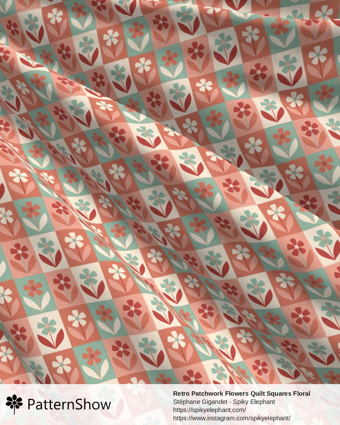 Retro Patchwork Flowers Quilt Squares Floral - Peach Coral Mint Green