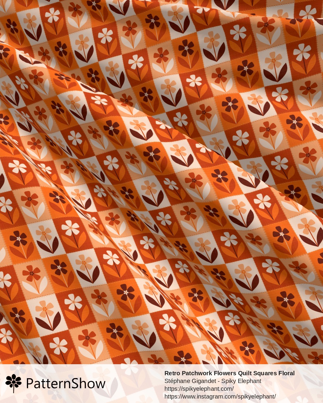 Retro Patchwork Flowers Quilt Squares Floral - Burnt Orange Brown Cream