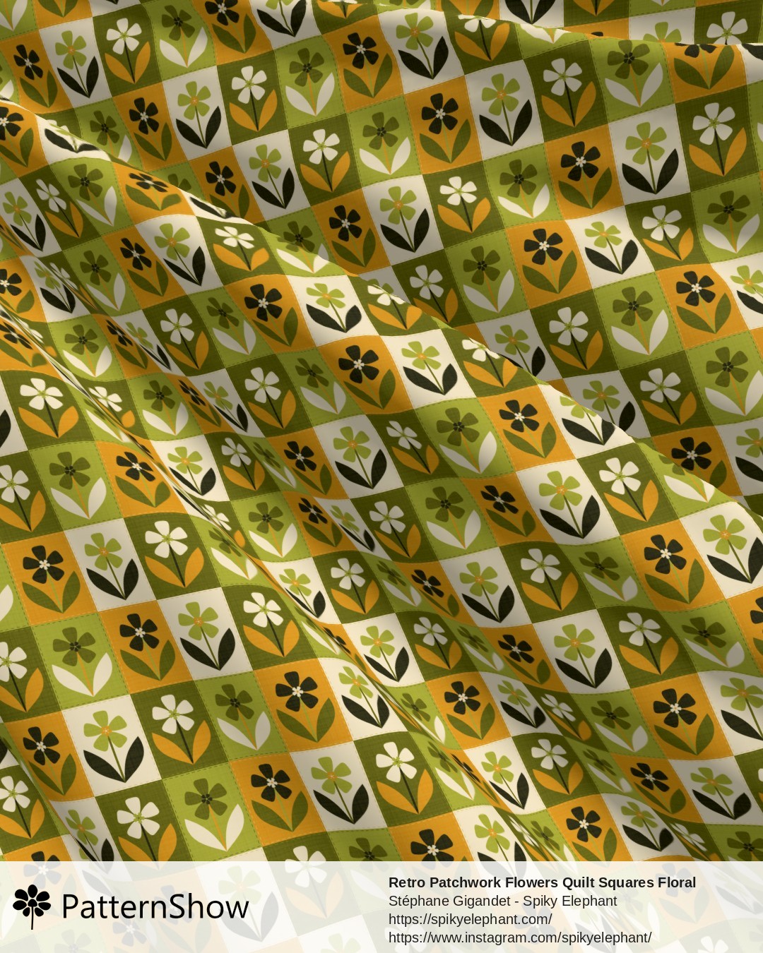 Retro Patchwork Flowers Quilt Squares Floral - Mustard Avocado Olive Green