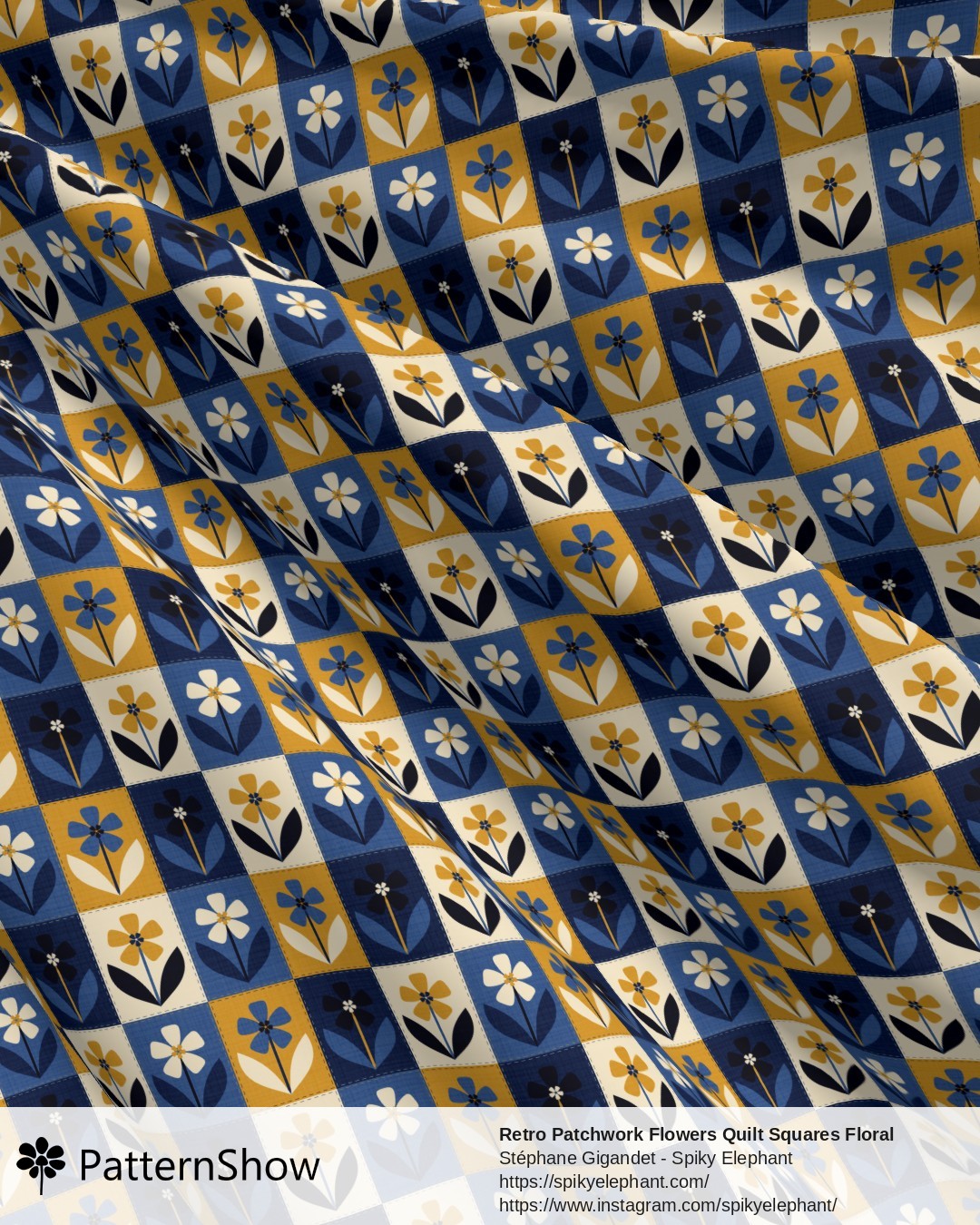 Retro Patchwork Flowers Quilt Squares Floral - Navy Blue Ochre Mustard