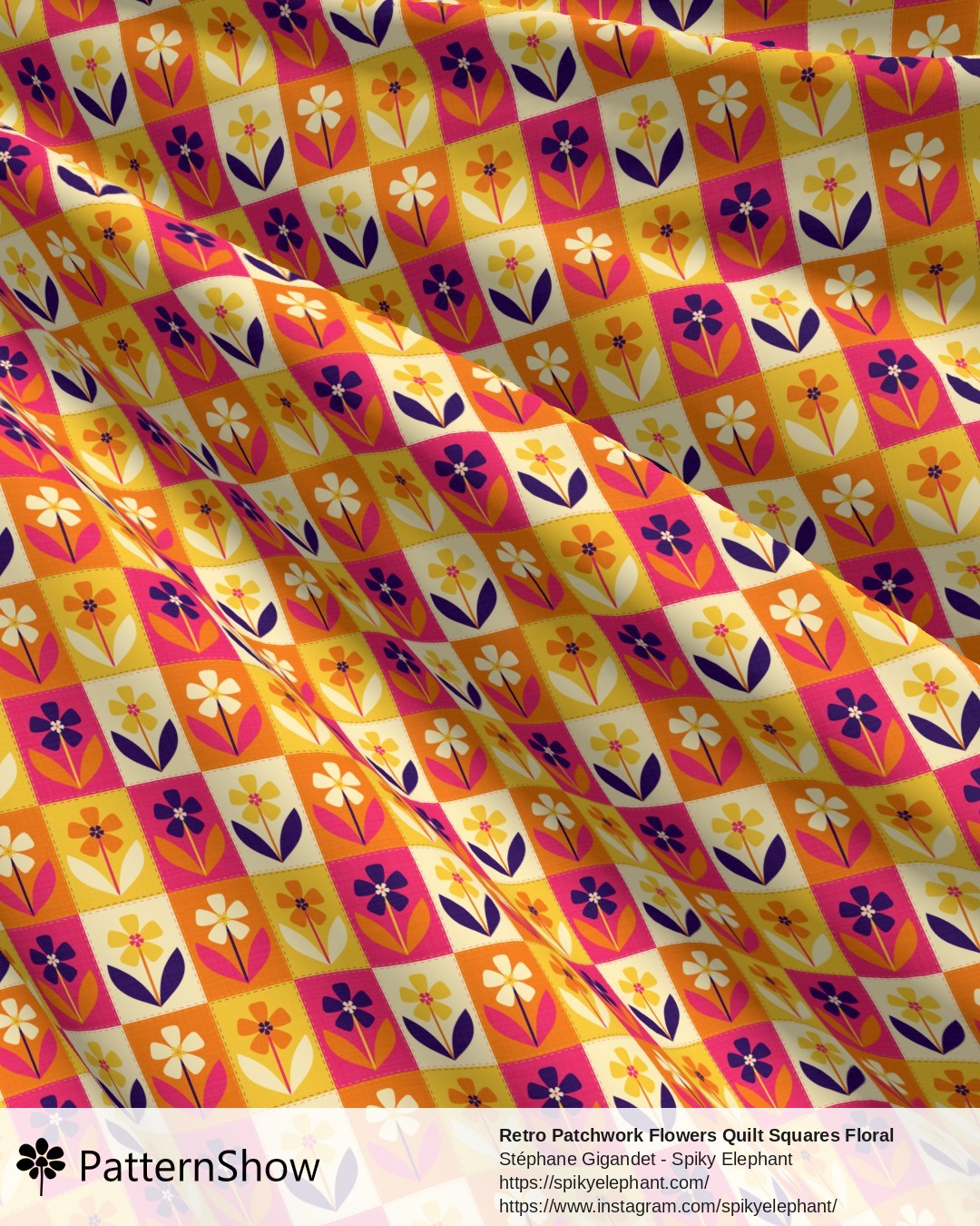 Retro Patchwork Flowers Quilt Squares Floral - Magenta Pink Purple Yellow Orange