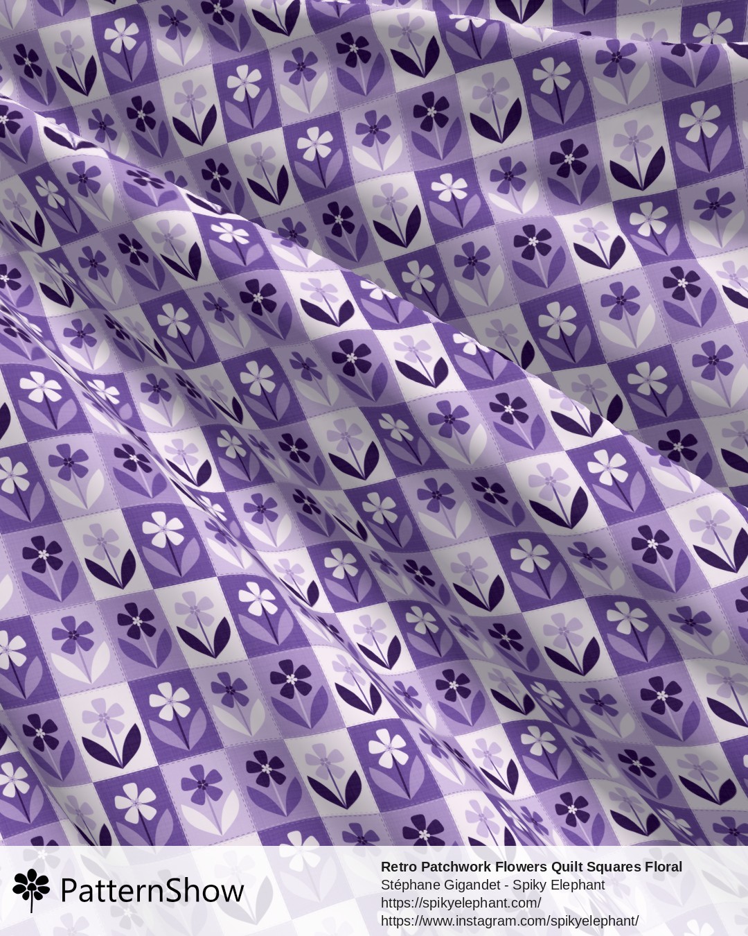 Retro Patchwork Flowers Quilt Squares Floral - Lilac Lavender Purple