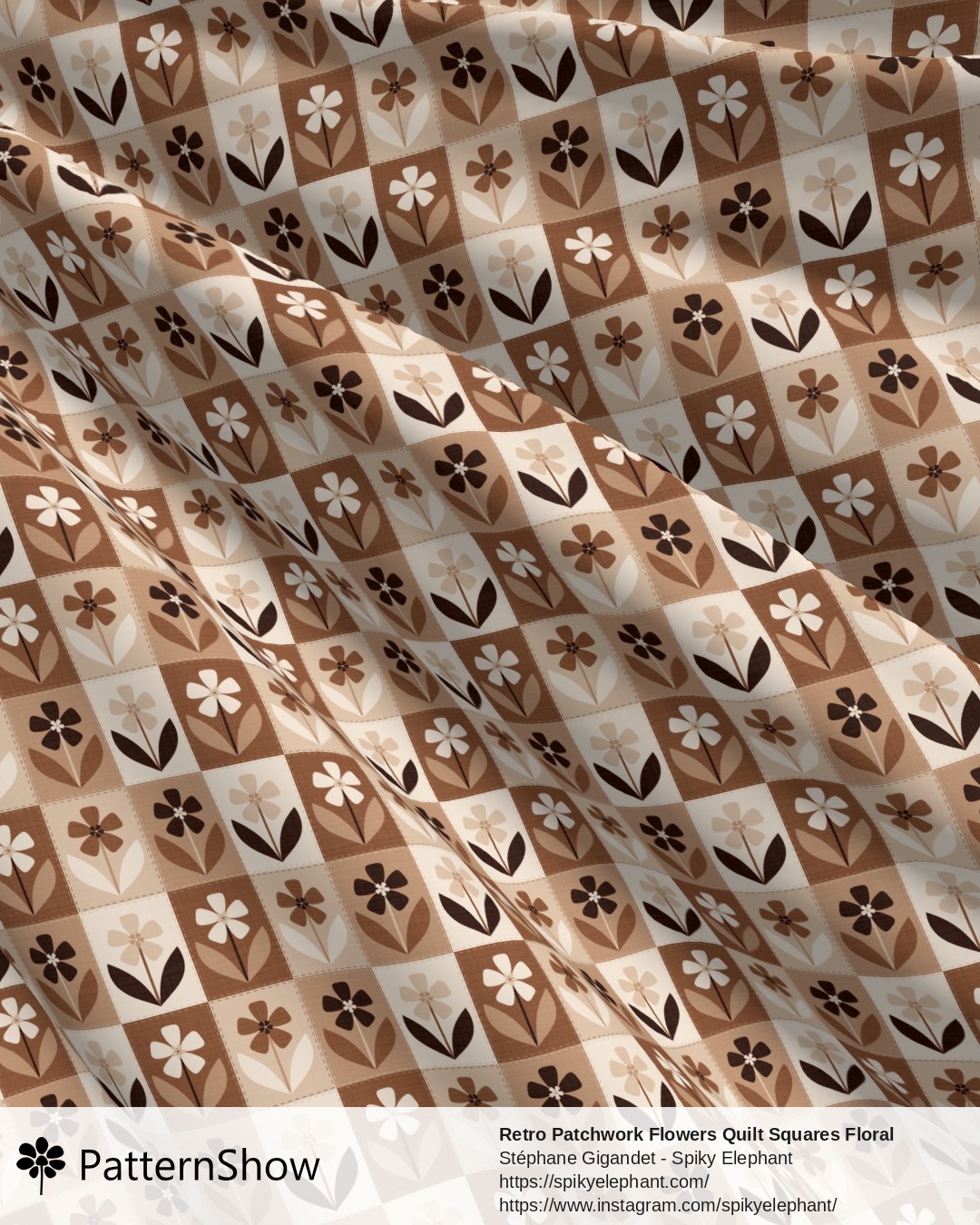 Retro Patchwork Flowers Quilt Squares Floral - Taupe Beige Brown Tan Cream