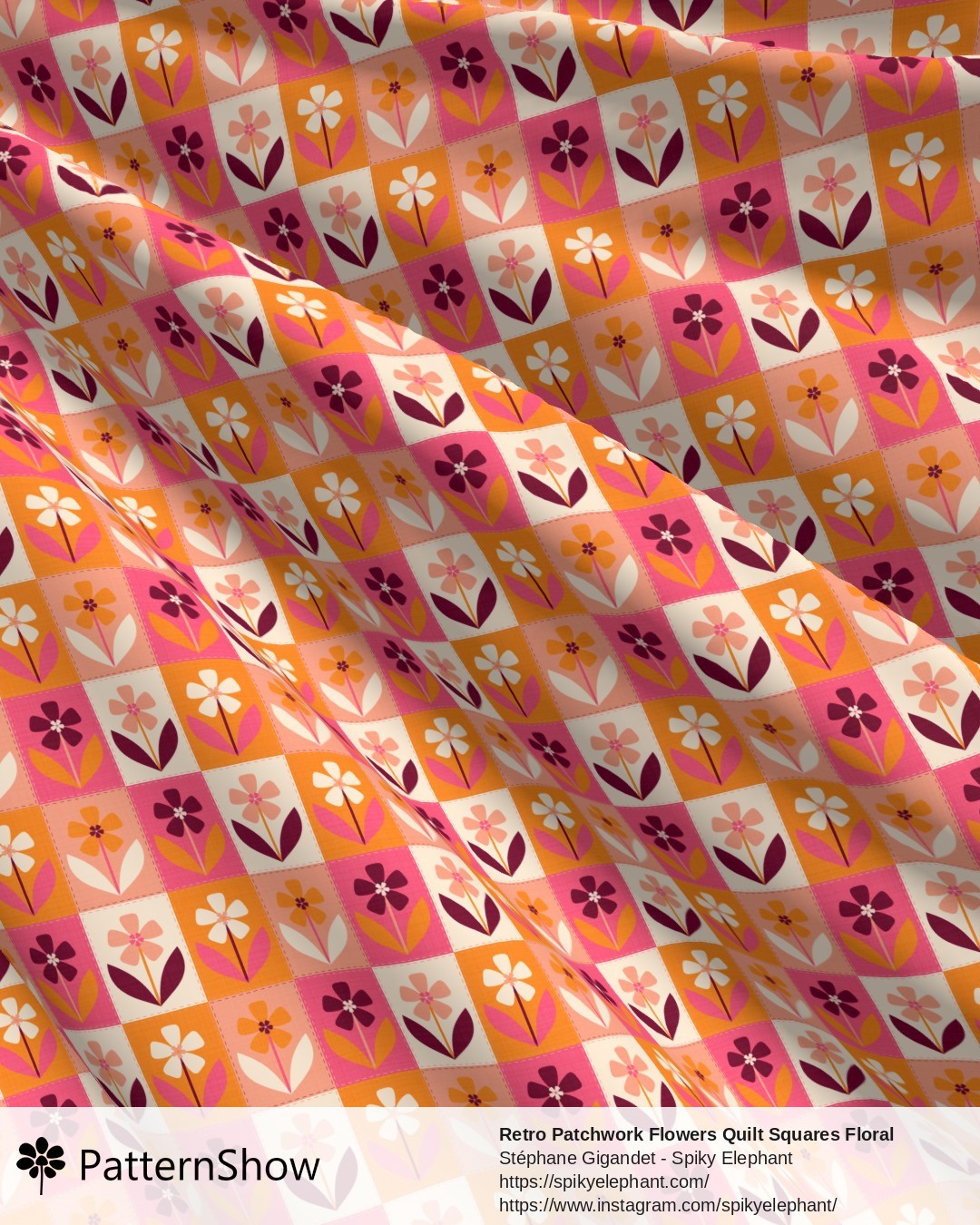 Retro Patchwork Flowers Quilt Squares Floral - Hot Pink Tangerine Orange Cream