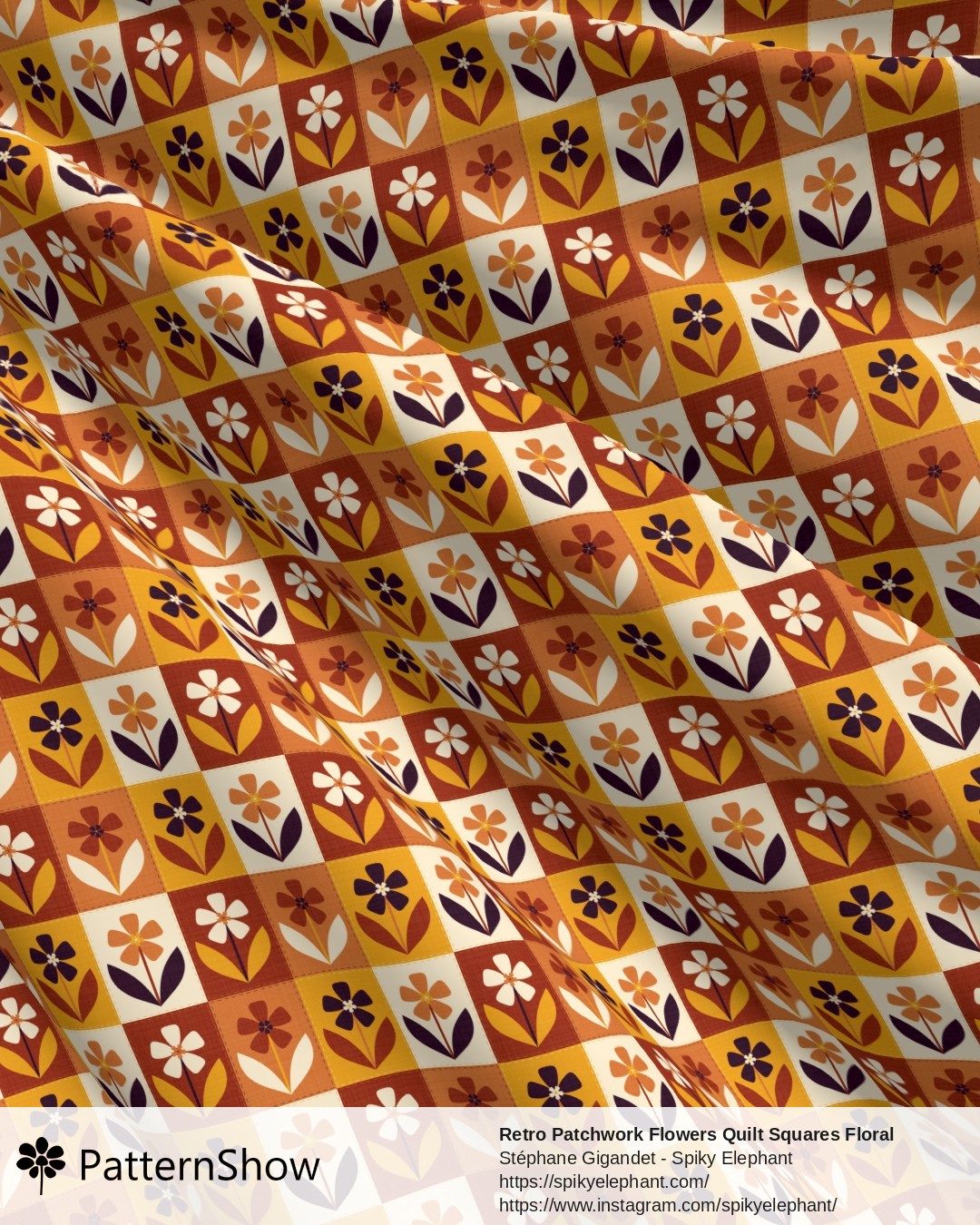 Retro Patchwork Flowers Quilt Squares Floral - Gold Purple Orange