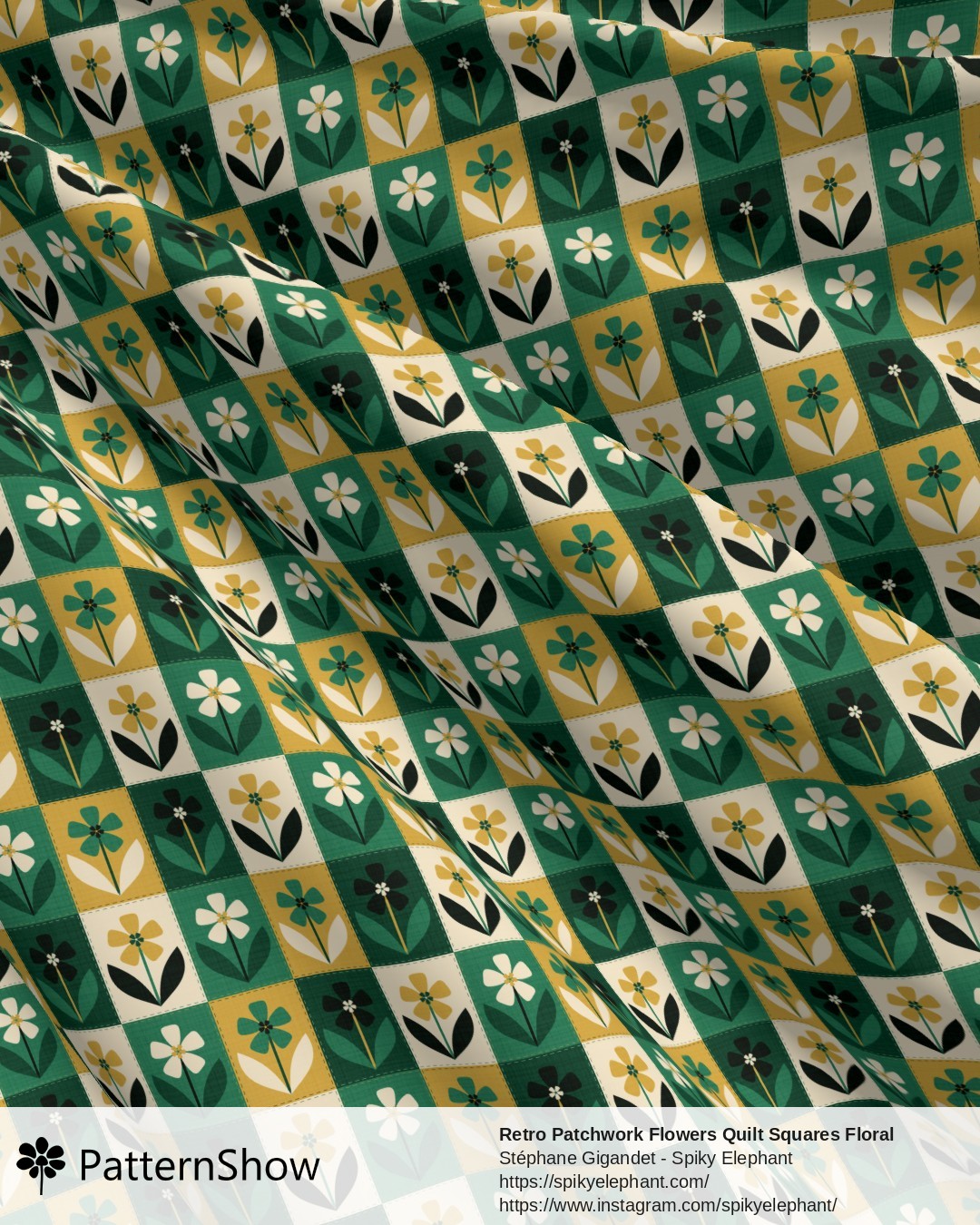 Retro Patchwork Flowers Quilt Squares Floral - Dark Emerald Green Gold