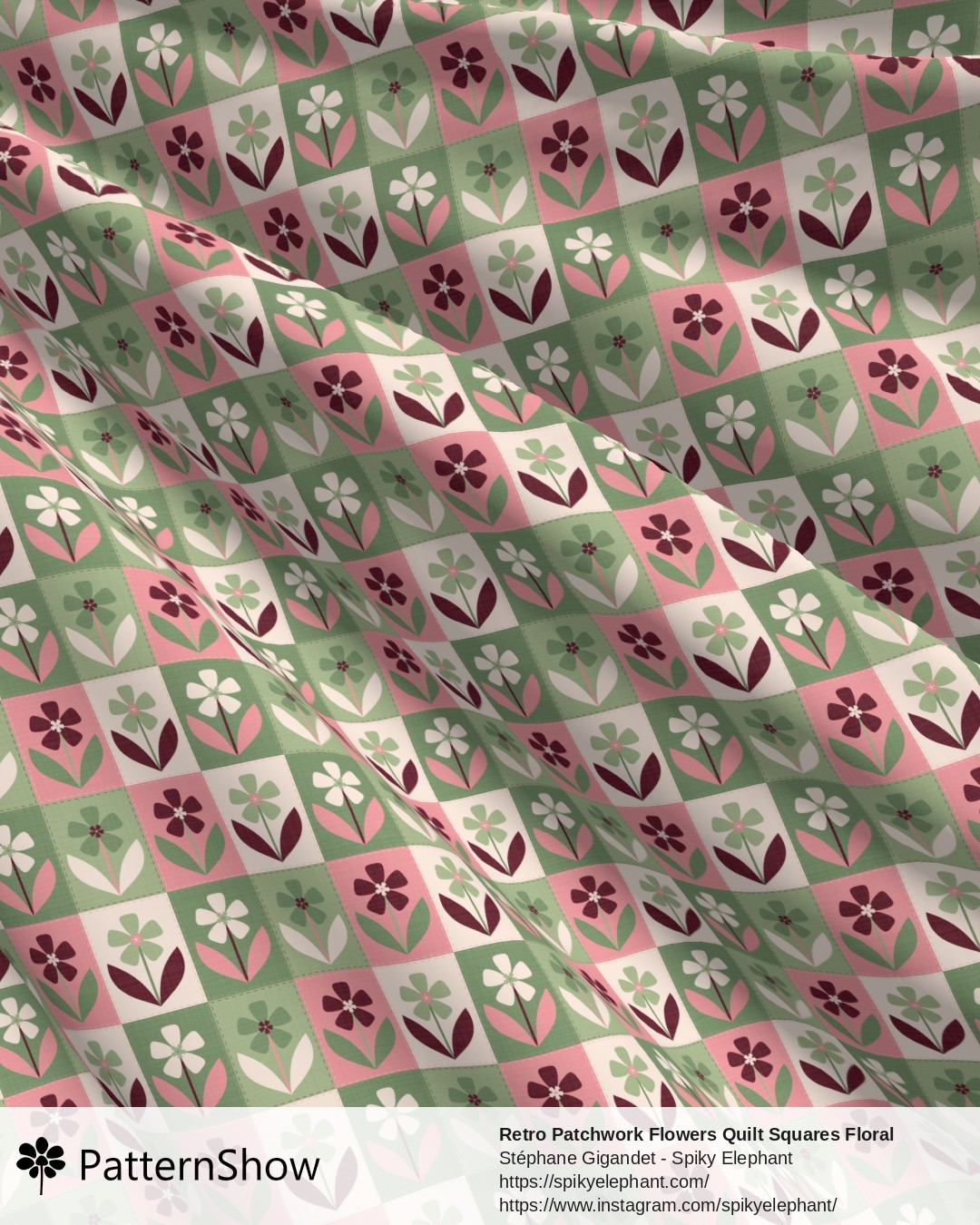 Retro Patchwork Flowers Quilt Squares Floral - Dusty Pink Sage Green