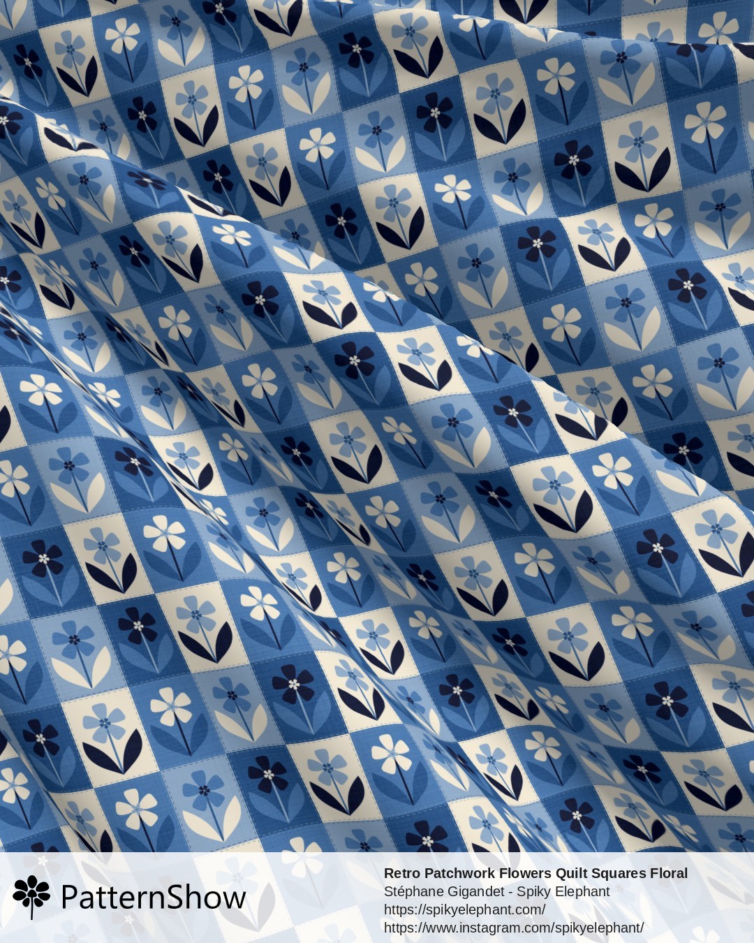 Retro Patchwork Flowers Quilt Squares Floral - Denim Delft Blue Navy Cream