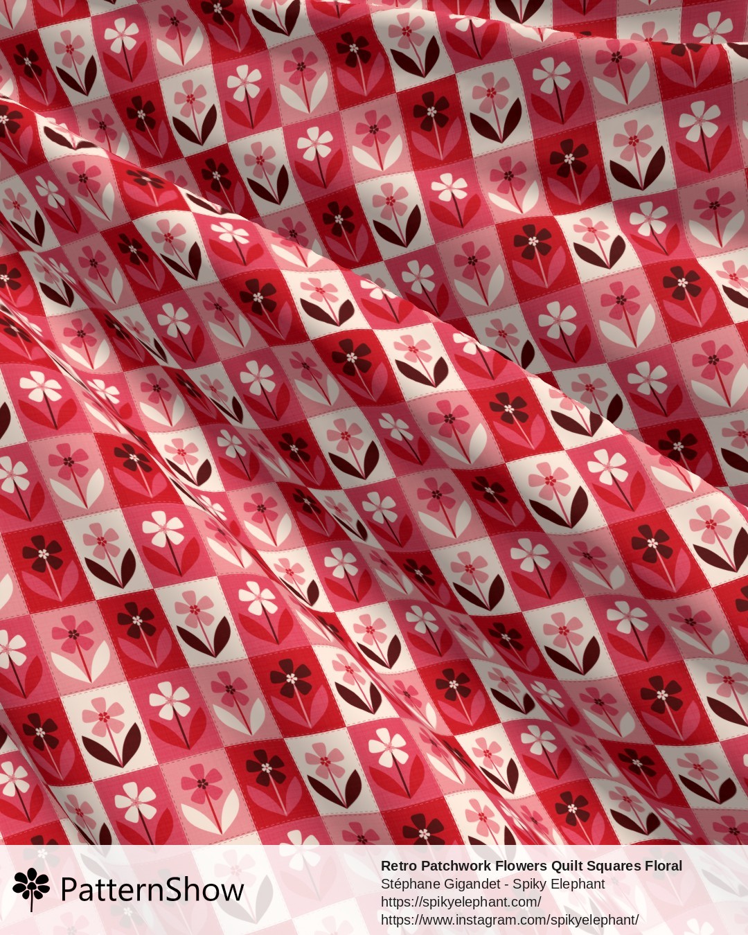 Retro Patchwork Flowers Quilt Squares Floral - Cherry Red Pink Cream