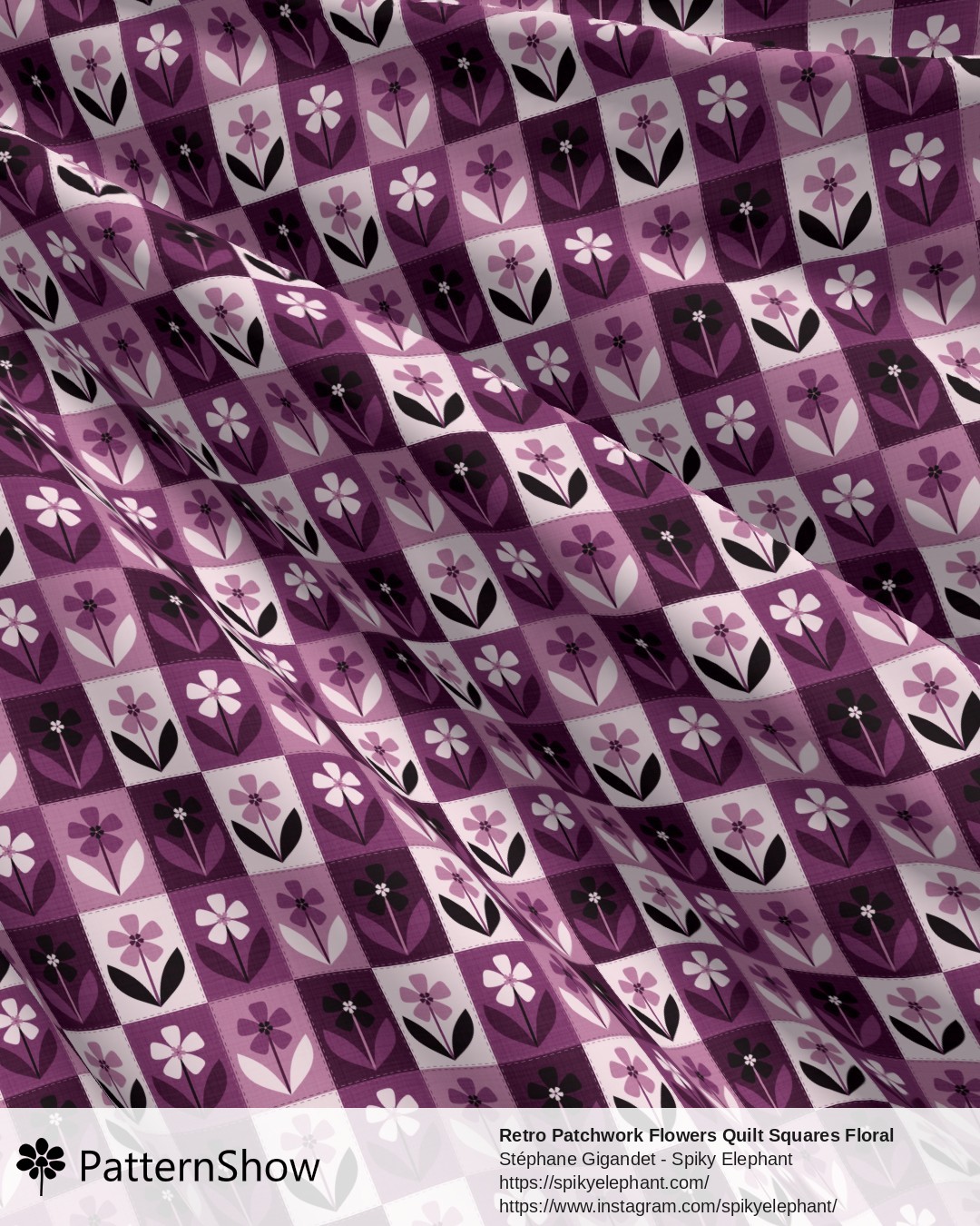 Retro Patchwork Flowers Quilt Squares Floral - Deep Purple Plum Mauve