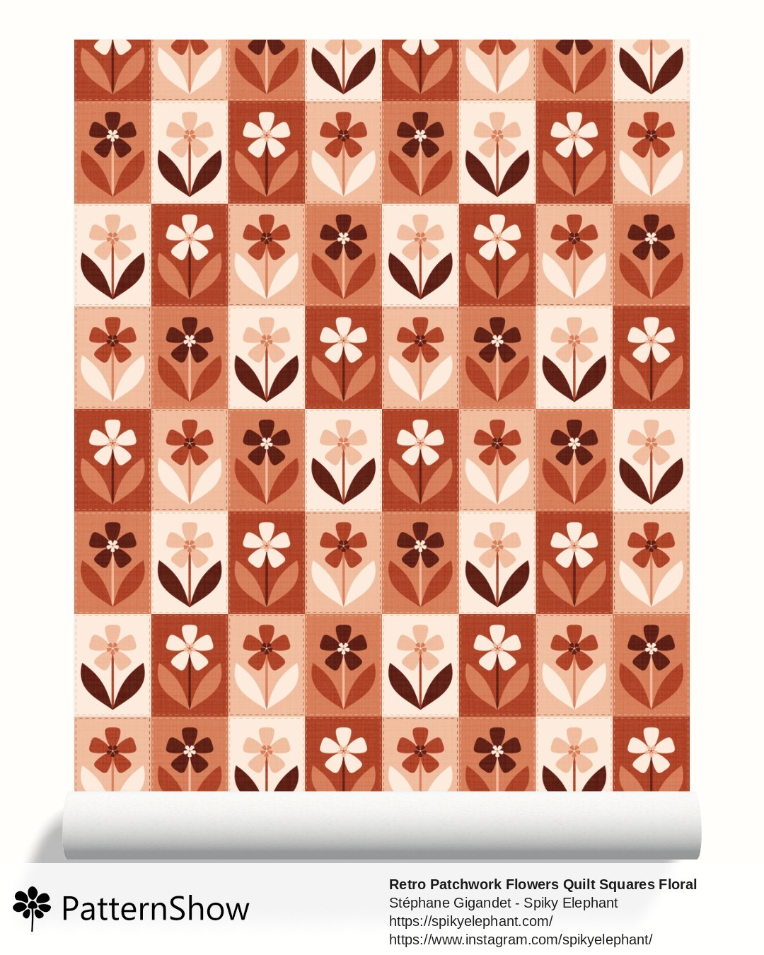 Retro Patchwork Flowers Quilt Squares Floral wallpaper - Terracotta Blush Pink Rust Orange