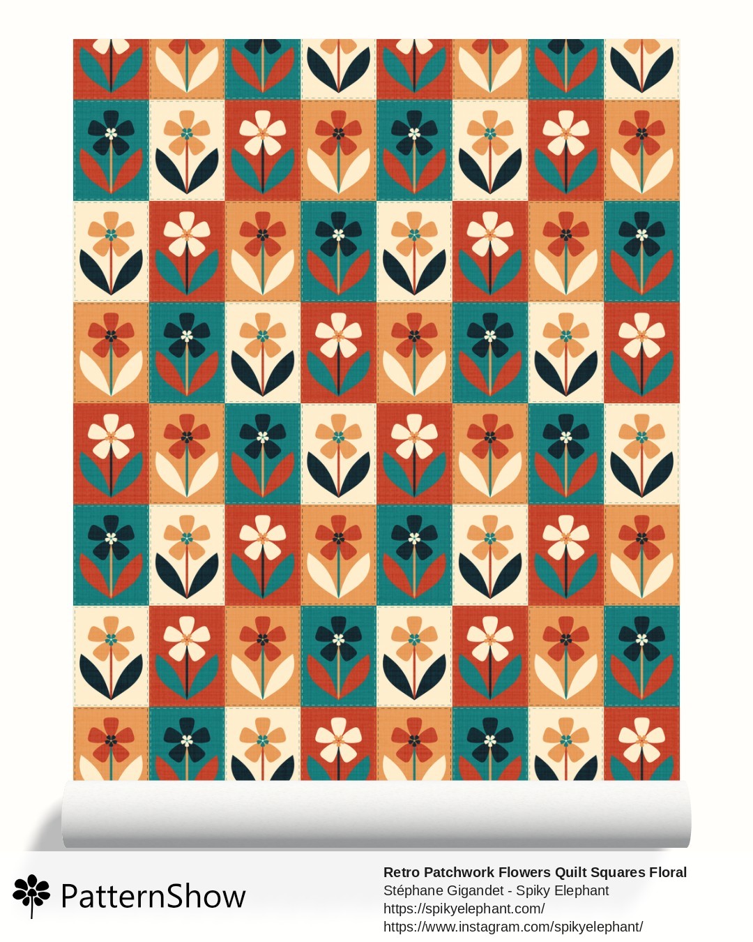 Retro Patchwork Flowers Quilt Squares Floral wallpaper - Teal Turquoise Rust Orange