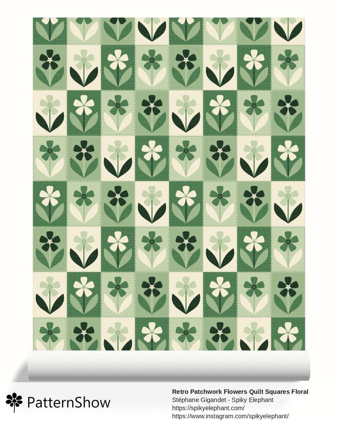 Retro Patchwork Flowers Quilt Squares Floral wallpaper - Forest Sage Green Cream