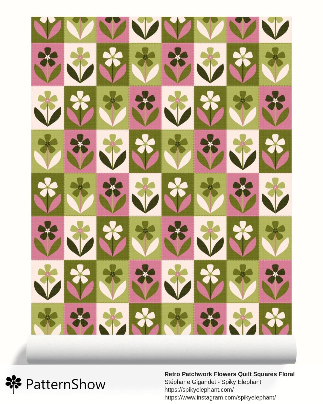 Retro Patchwork Flowers Quilt Squares Floral wallpaper - Olive Green Rose Pink