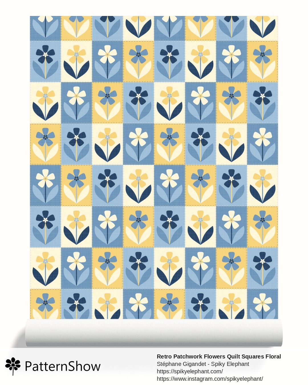 Retro Patchwork Flowers Quilt Squares Floral wallpaper - Light Blue Butter Yellow