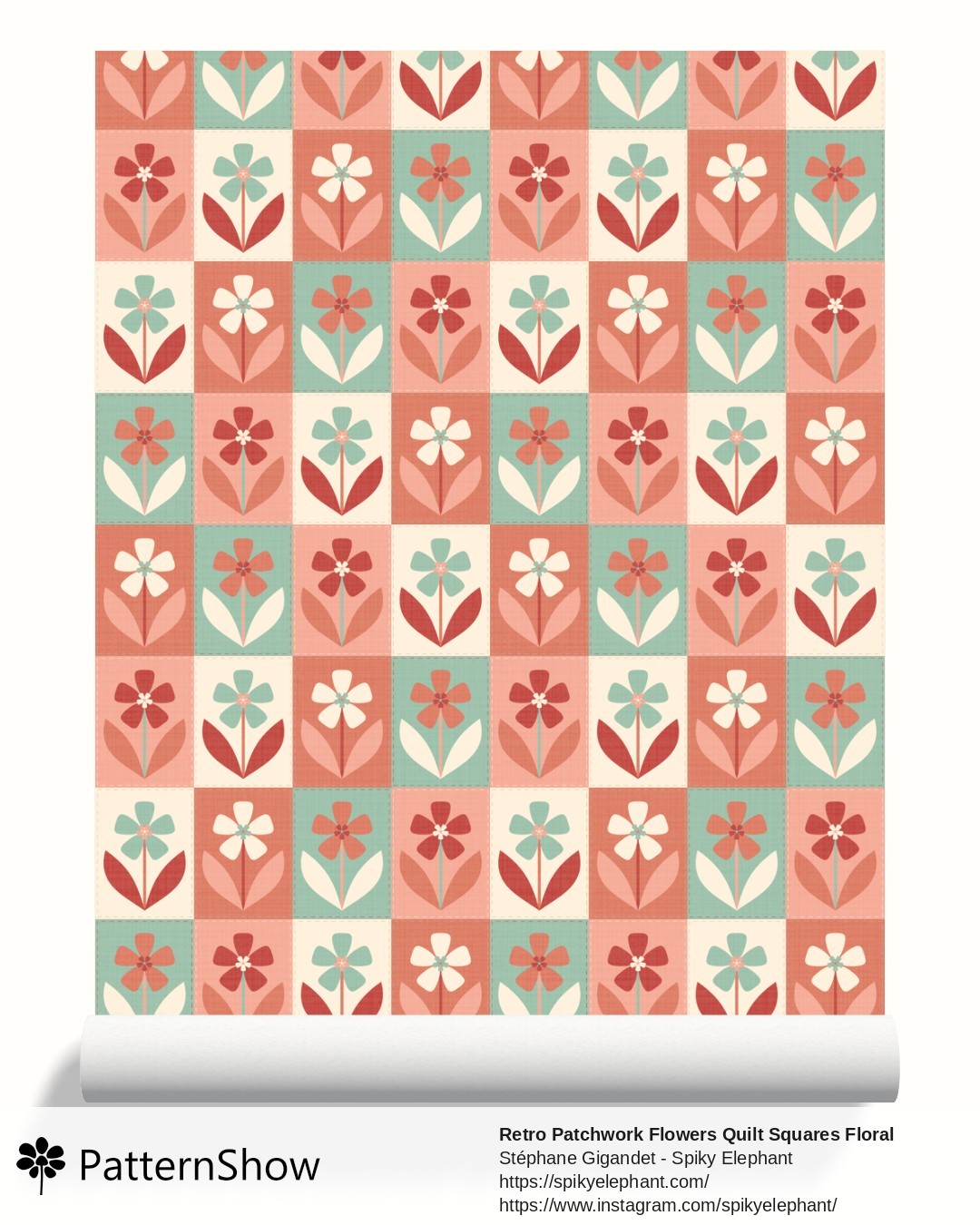 Retro Patchwork Flowers Quilt Squares Floral wallpaper - Peach Coral Mint Green