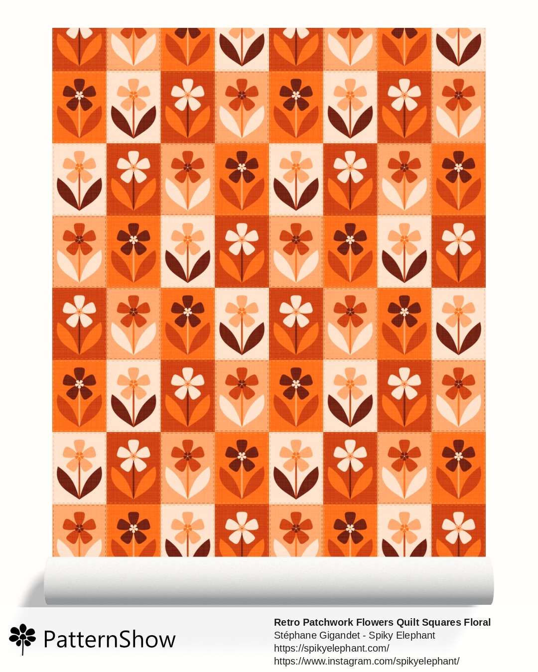 Retro Patchwork Flowers Quilt Squares Floral wallpaper - Burnt Orange Brown Cream