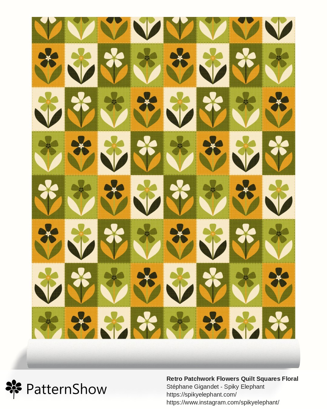 Retro Patchwork Flowers Quilt Squares Floral wallpaper - Mustard Avocado Olive Green
