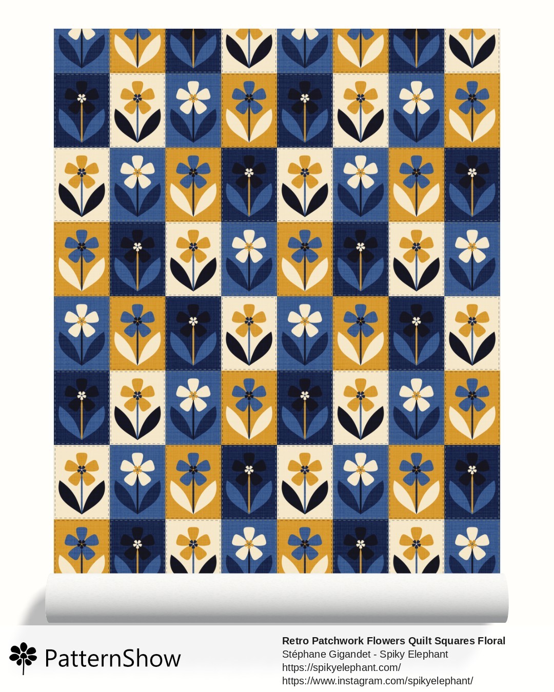 Retro Patchwork Flowers Quilt Squares Floral wallpaper - Navy Blue Ochre Mustard