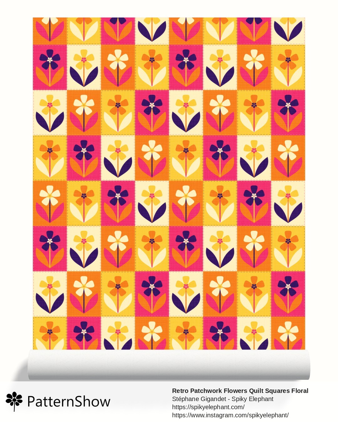 Retro Patchwork Flowers Quilt Squares Floral wallpaper - Magenta Pink Purple Yellow Orange