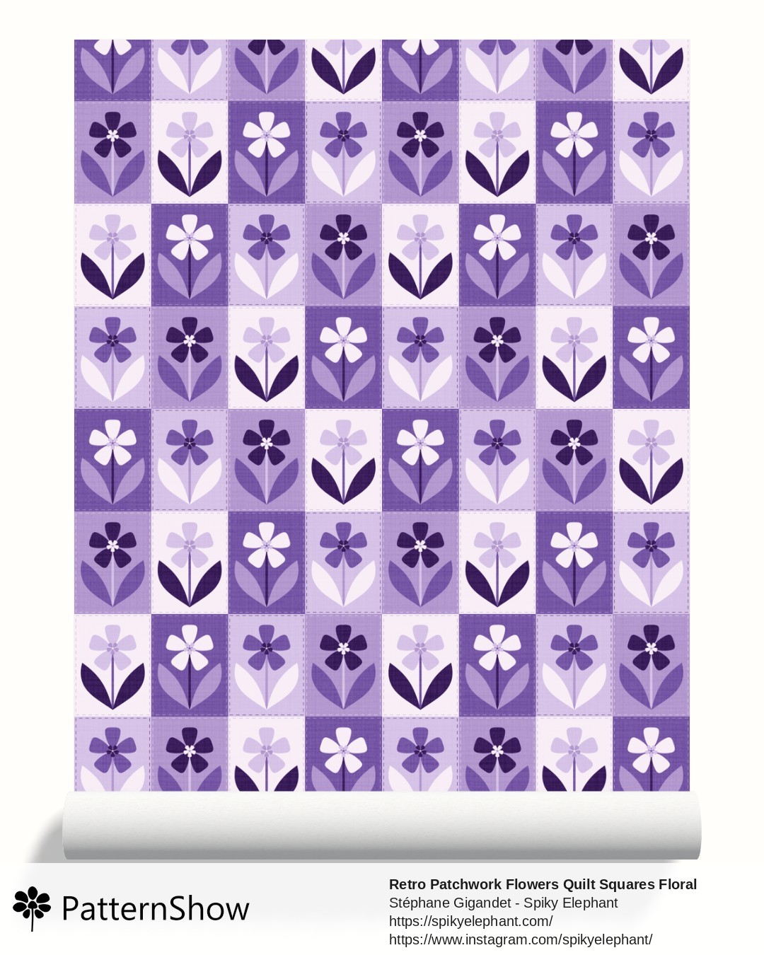 Retro Patchwork Flowers Quilt Squares Floral wallpaper - Lilac Lavender Purple