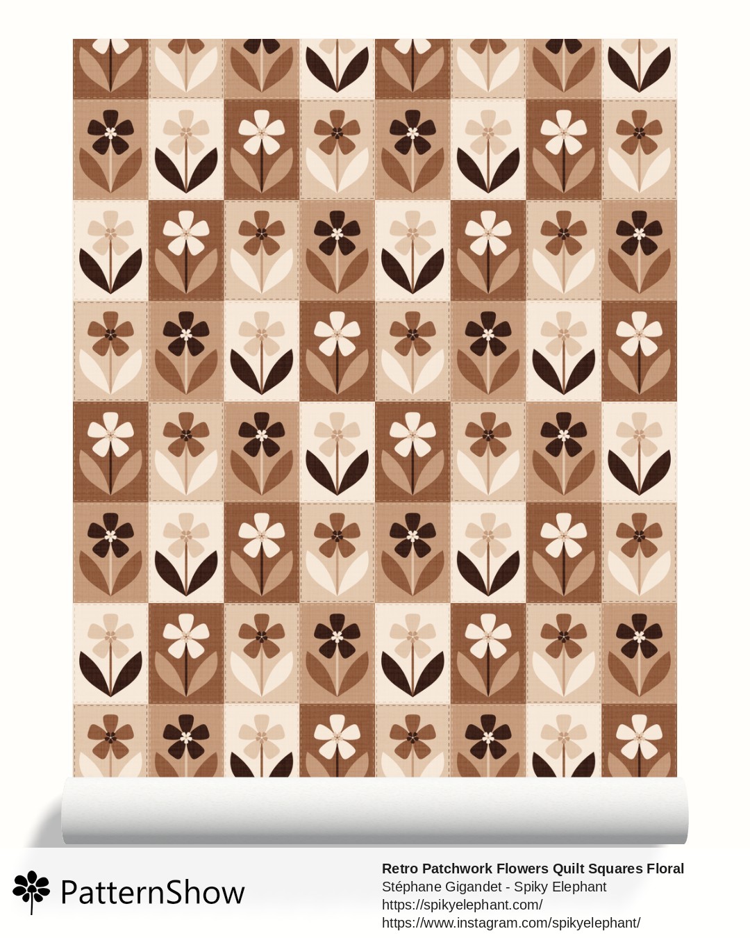 Retro Patchwork Flowers Quilt Squares Floral wallpaper - Taupe Beige Brown Tan Cream