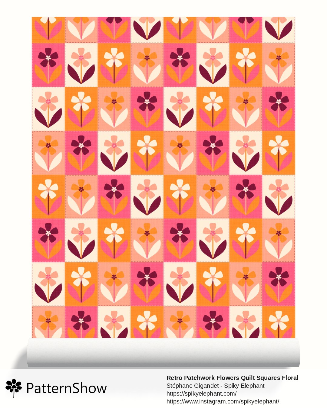Retro Patchwork Flowers Quilt Squares Floral wallpaper - Hot Pink Tangerine Orange Cream