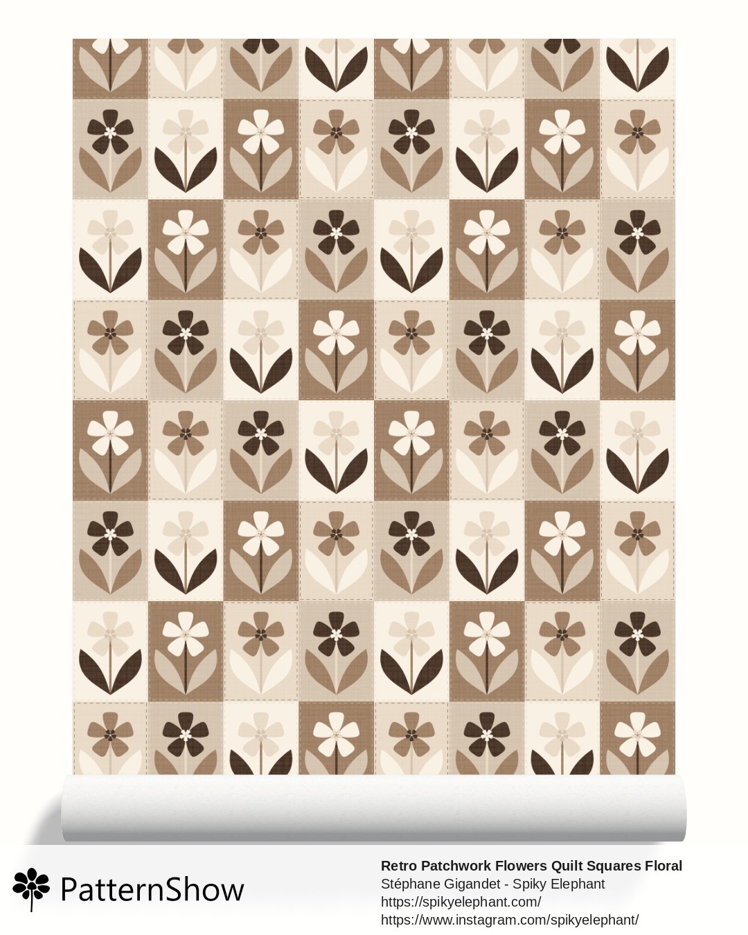 Retro Patchwork Flowers Quilt Squares Floral wallpaper - Beige Greige Taupe