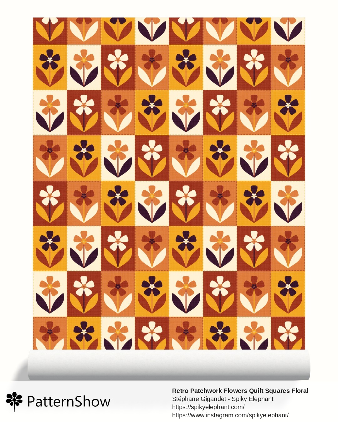 Retro Patchwork Flowers Quilt Squares Floral wallpaper - Gold Purple Orange