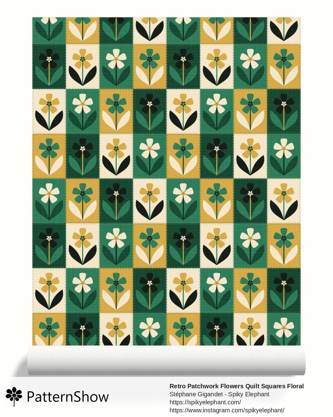Retro Patchwork Flowers Quilt Squares Floral wallpaper - Dark Emerald Green Gold