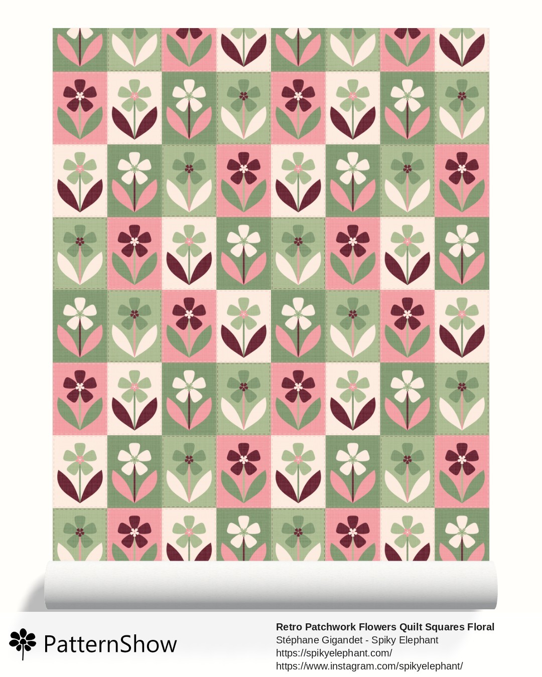 Retro Patchwork Flowers Quilt Squares Floral wallpaper - Dusty Pink Sage Green