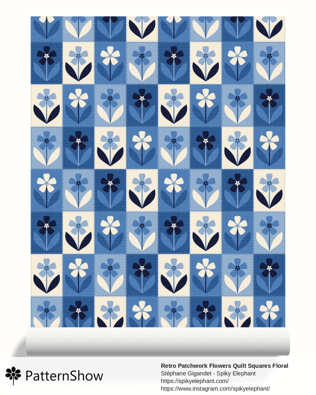 Retro Patchwork Flowers Quilt Squares Floral wallpaper - Denim Delft Blue Navy Cream