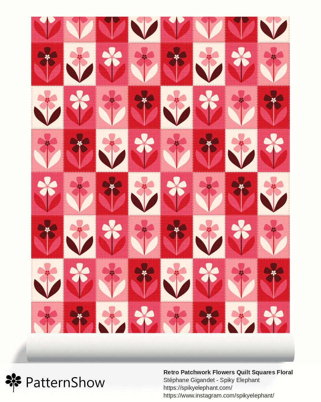 Retro Patchwork Flowers Quilt Squares Floral wallpaper - Cherry Red Pink Cream