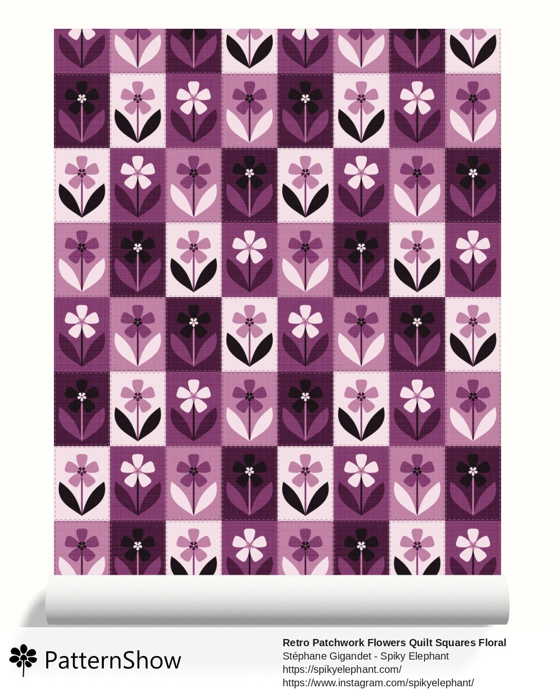 Retro Patchwork Flowers Quilt Squares Floral wallpaper - Deep Purple Plum Mauve