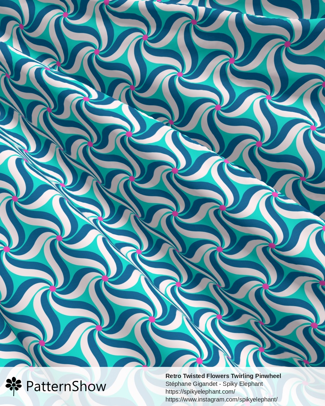 Retro Twisted Flowers Twirling Pinwheel - Pink Aegean Blue Teal Cyan White
