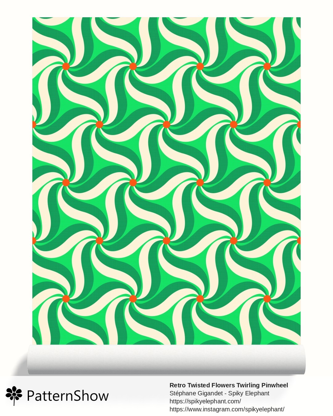 Retro Twisted Flowers Twirling Pinwheel wallpaper - Funky Green Yellow Cream Orange