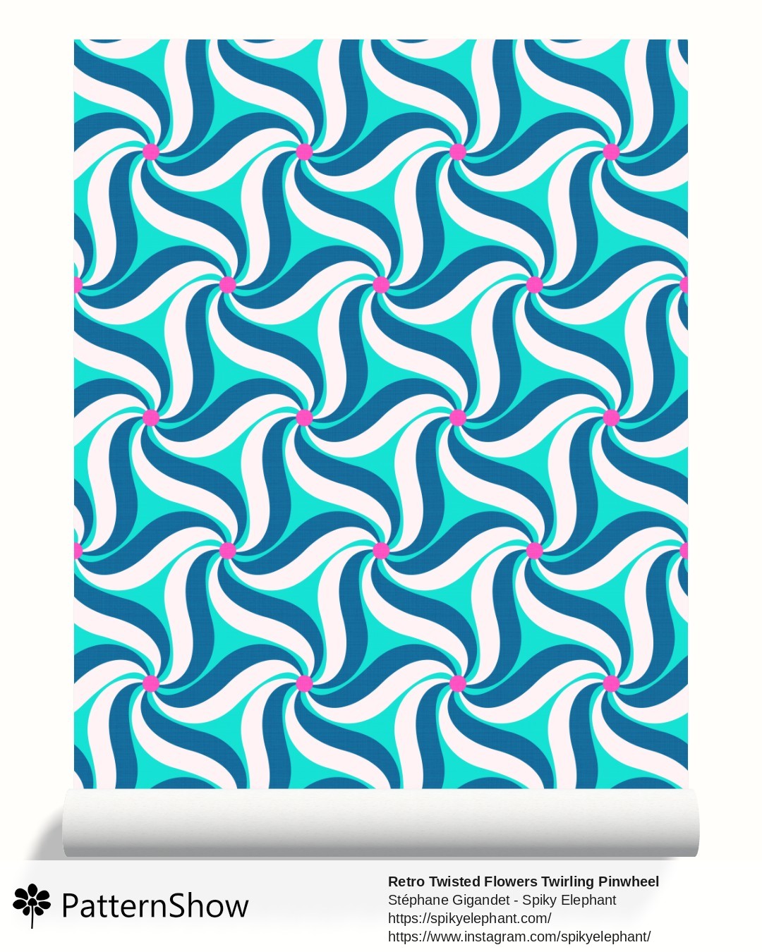 Retro Twisted Flowers Twirling Pinwheel wallpaper - Pink Aegean Blue Teal Cyan White