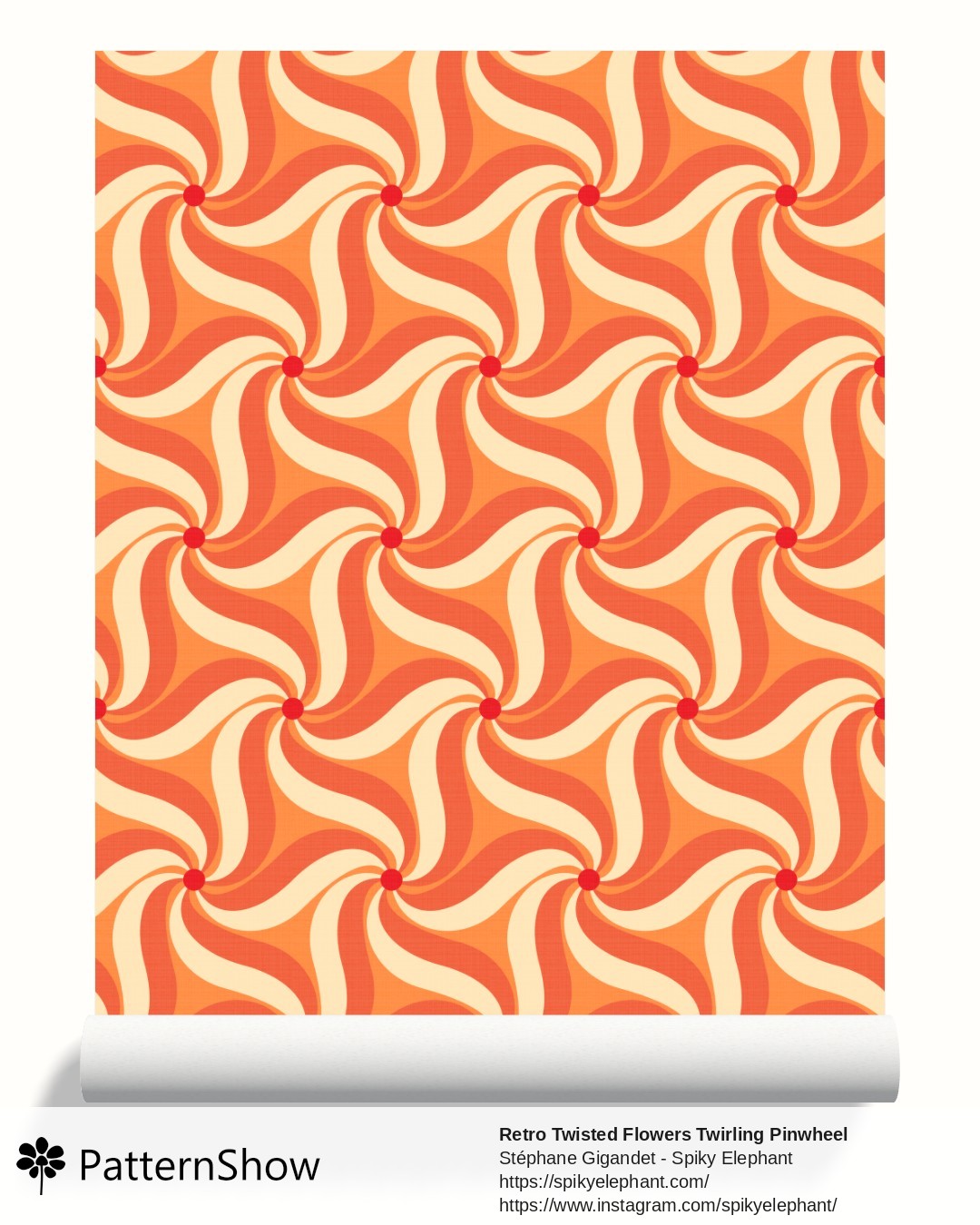 Retro Twisted Flowers Twirling Pinwheel wallpaper - Mod Orange Peach Salmon Red Cream
