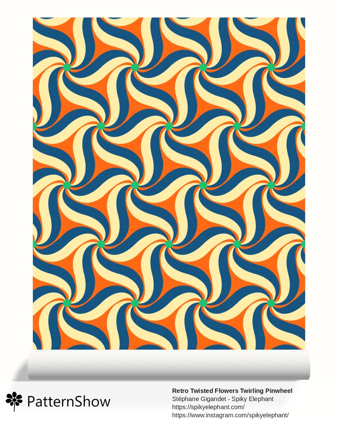 Retro Twisted Flowers Twirling Pinwheel wallpaper - Orange Blue Green Yellow Cream