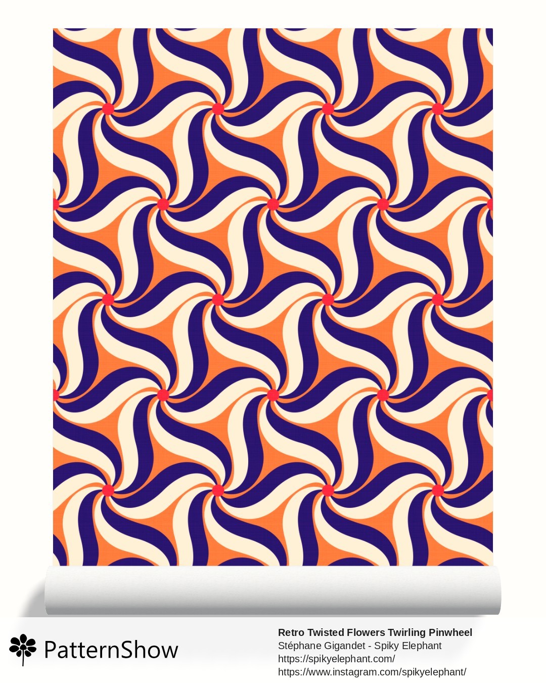 Retro Twisted Flowers Twirling Pinwheel wallpaper - Indigo Navy Blue Orange Red Cream
