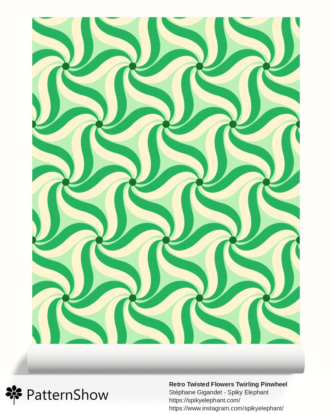Retro Twisted Flowers Twirling Pinwheel wallpaper - Fun Mid Mod Green Yellow Cream
