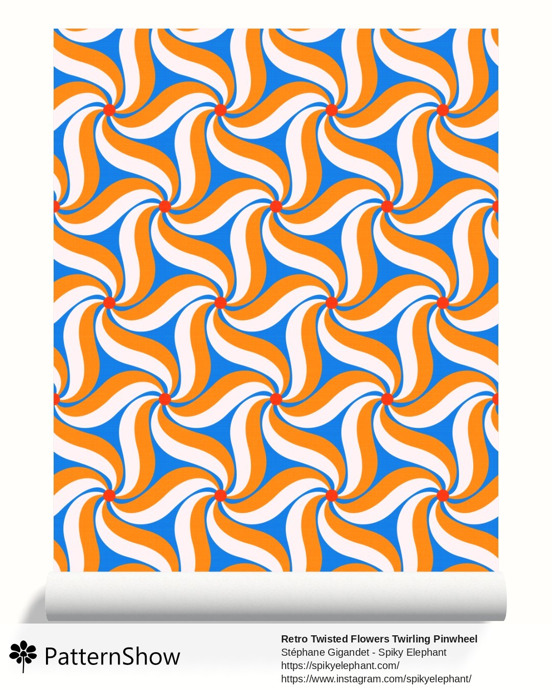 Retro Twisted Flowers Twirling Pinwheel wallpaper - Bold Orange Blue Red White Cream