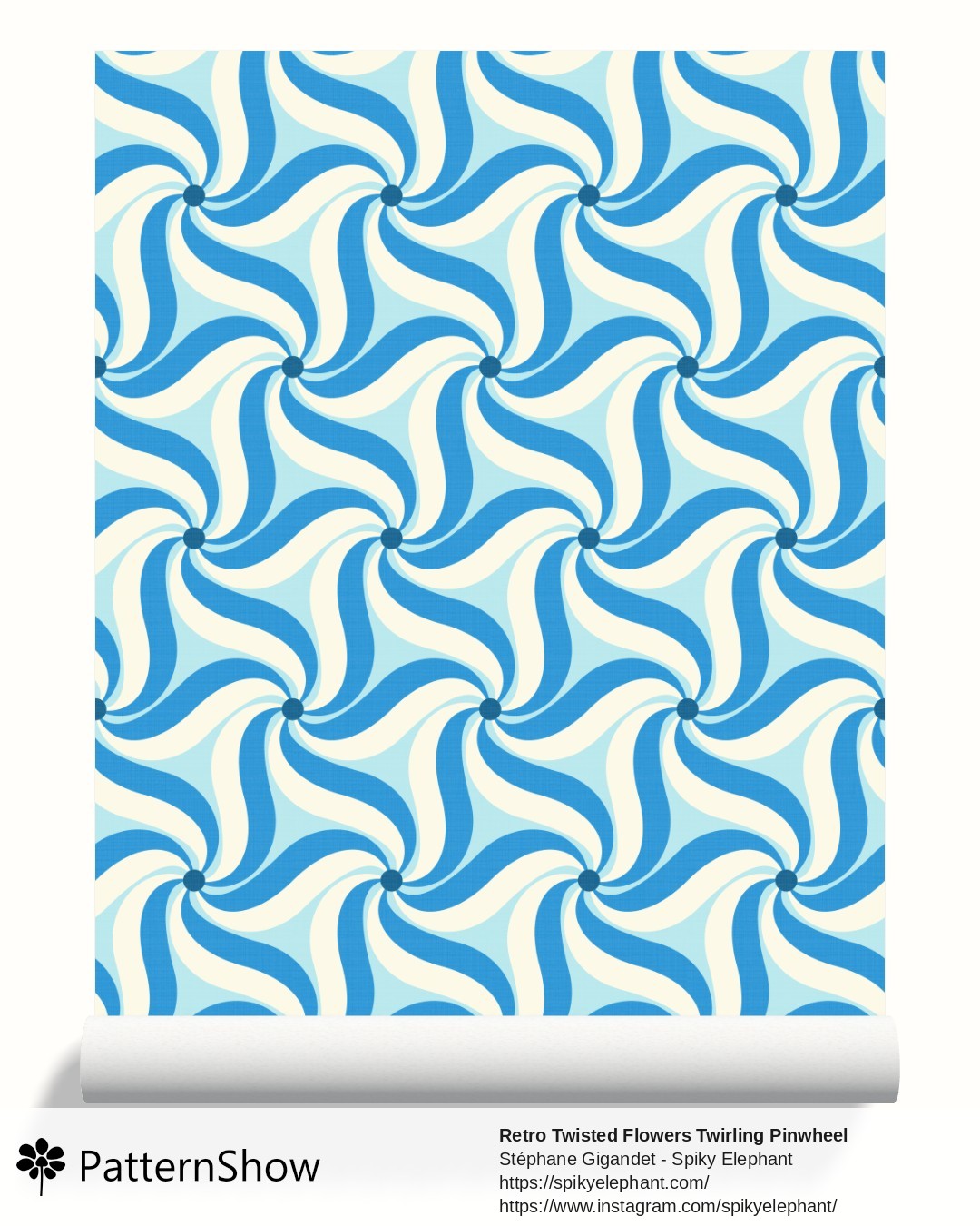 Retro Twisted Flowers Twirling Pinwheel wallpaper - Coastal Ocean Blue Cream White
