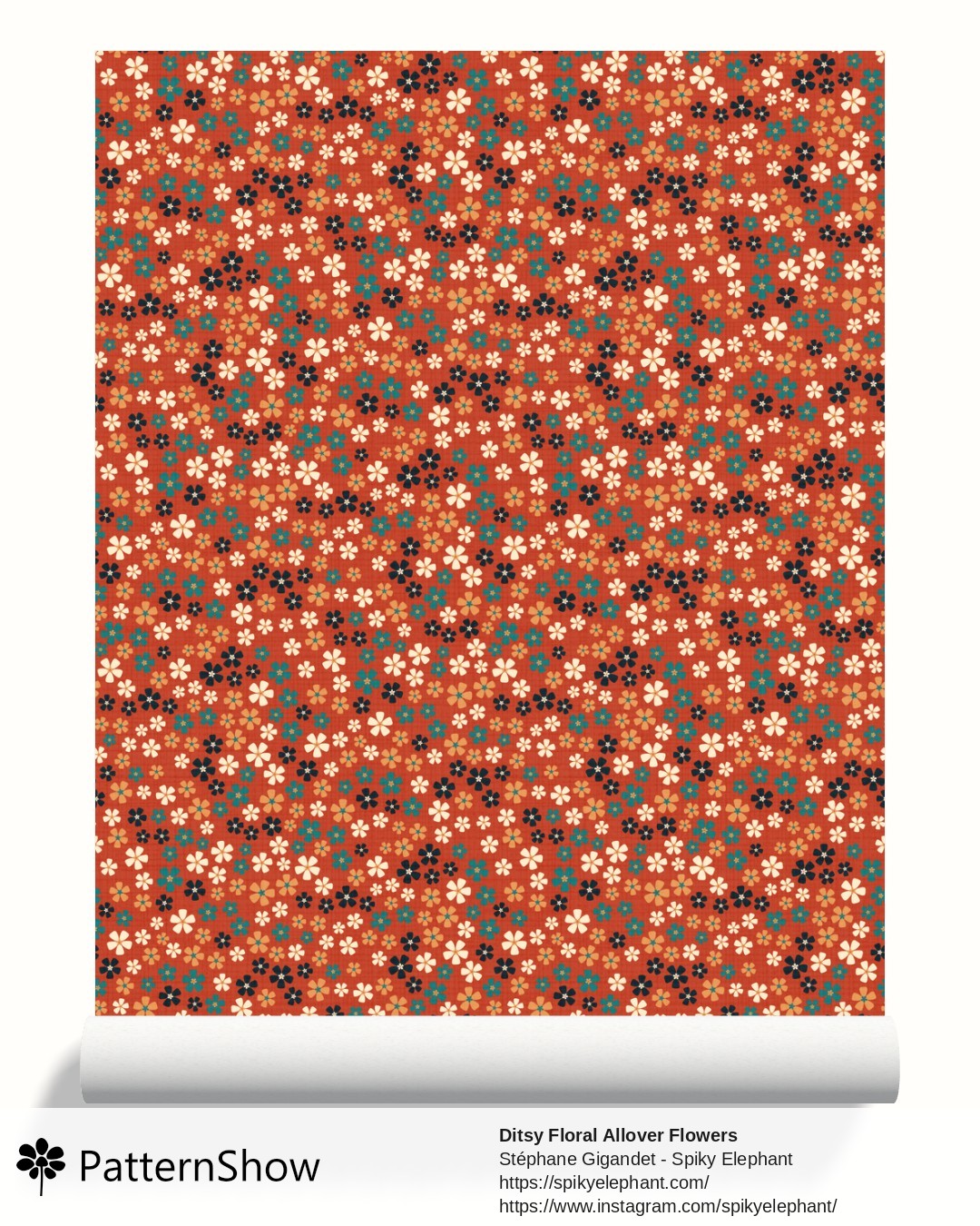 Ditsy Floral Allover Flowers wallpaper - Teal Turquoise Rust Orange
